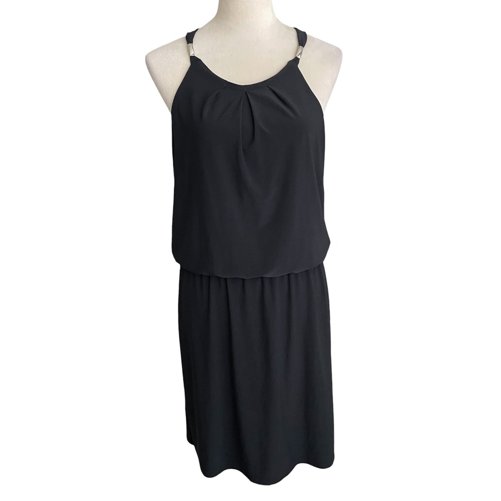 White House Black Market Halter Neck Blouson Black Dress Silver Hardware Size M